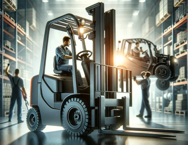 DALL·E 2024-04-25 21.47.53 - A high-quality image for an 'About Us' website section, combining elements of forklift operation and forklift service. The image should depict a forkl